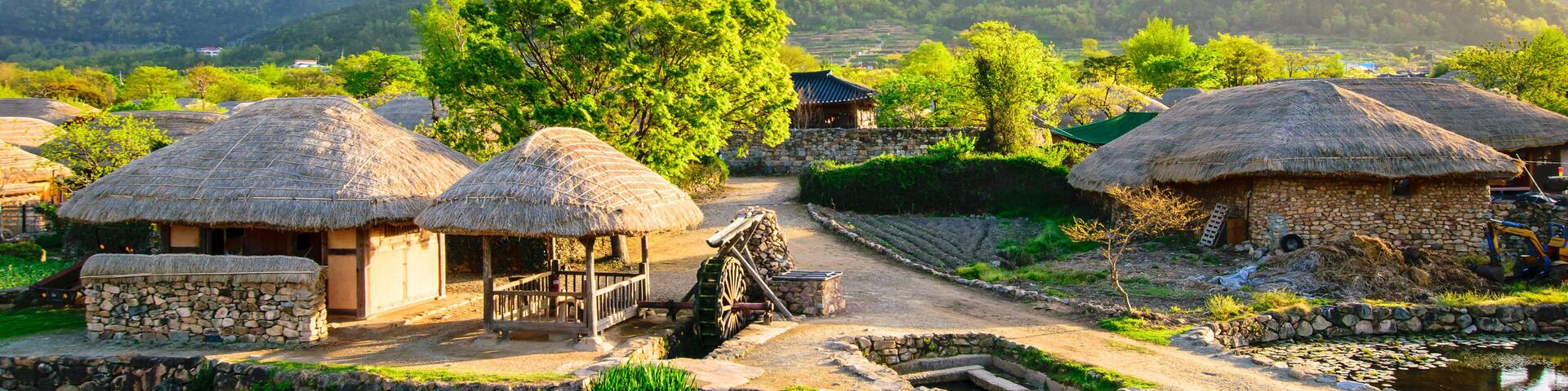 Beautiful green in spring morning of Naganeupseong Folk Village in Suncheon, A Traditional Hanok Village in South Korea.
