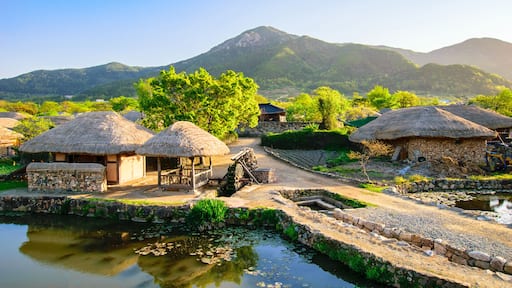 Beautiful green in spring morning of Naganeupseong Folk Village in Suncheon, A Traditional Hanok Village in South Korea.