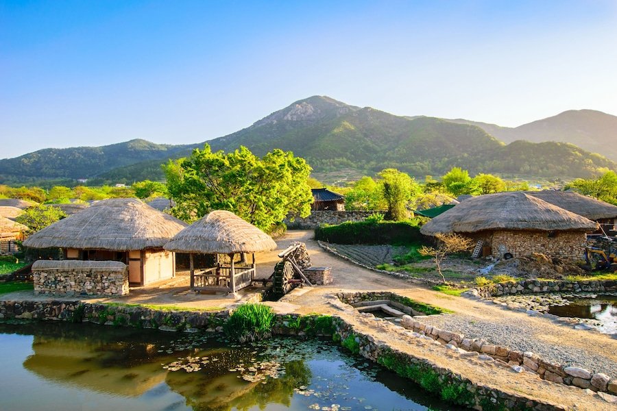 Beautiful green in spring morning of Naganeupseong Folk Village in Suncheon, A Traditional Hanok Village in South Korea.