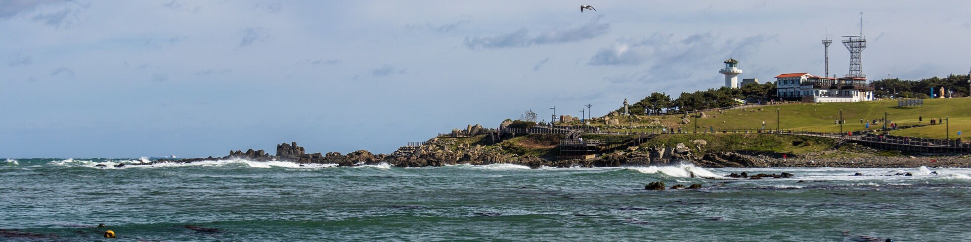 Panorama of Bay of Cape Ganjeolgot with Cliffs, Lighthouse and Monuments. Easternmost Point of Peninsula in Ulsan, South Korea. Asia