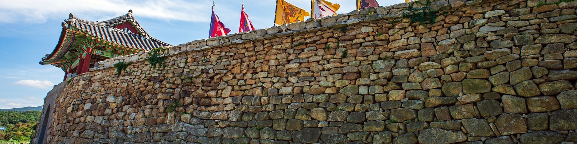 Stone Fortress Wall and Flags at Haemieupseong, Seosan, Korea