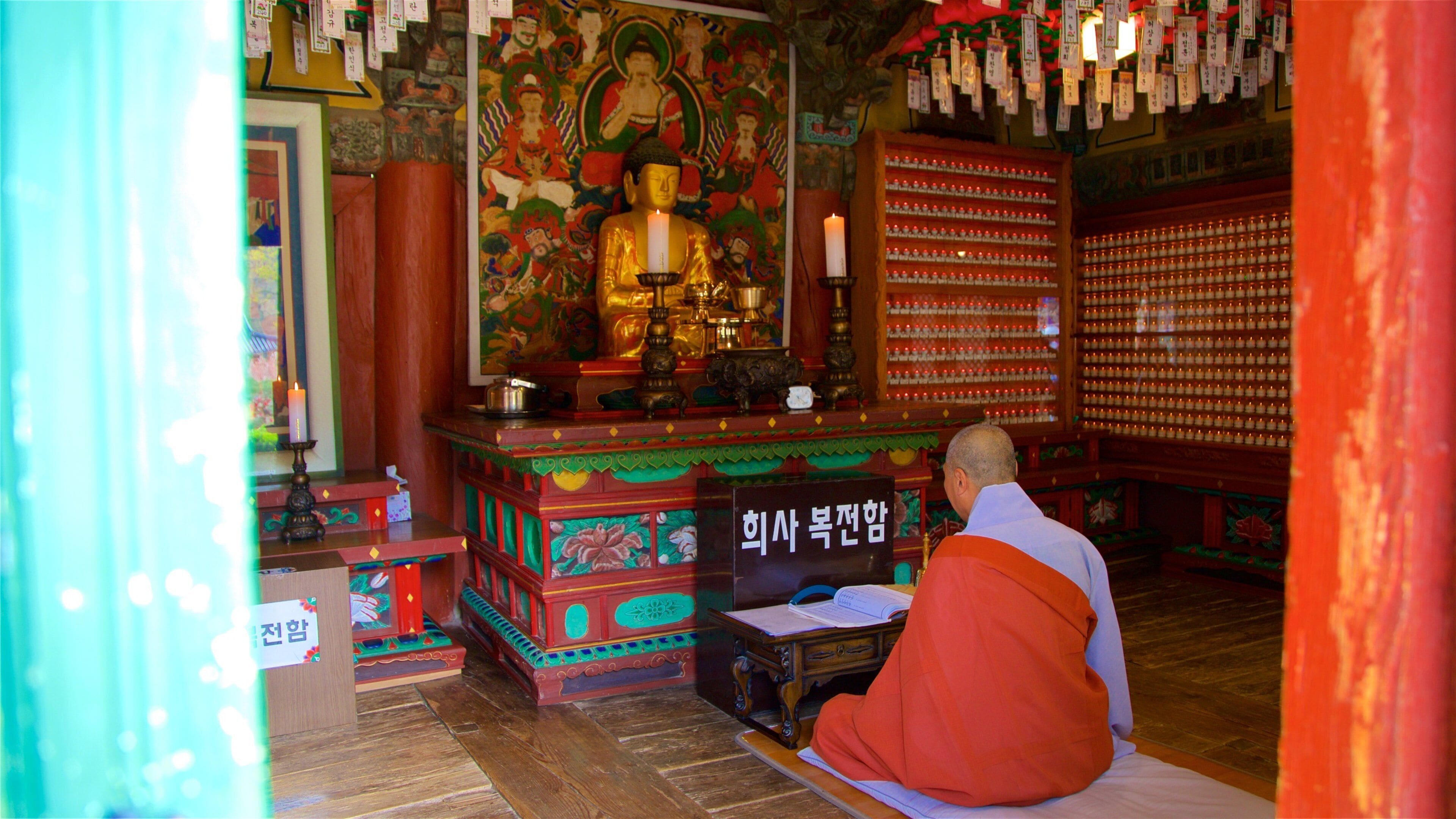 Ein Mönch in traditioneller Kleidung sitzt in einem Tempel mit Buddha-Statue, Räuchergefäßen und Gebetsmühlen.