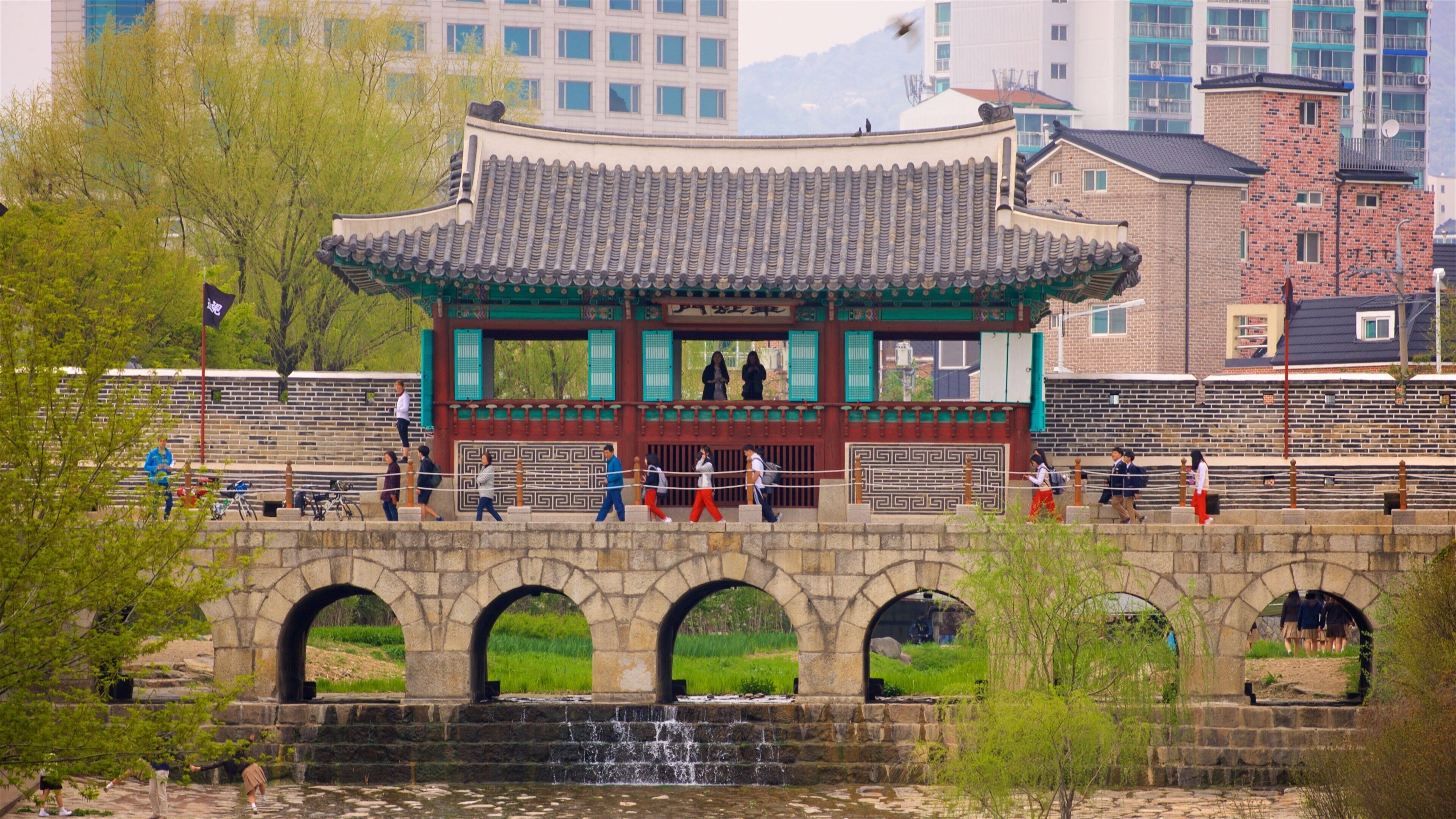 Hwahongmun Gate showing a city, heritage architecture and a bridge