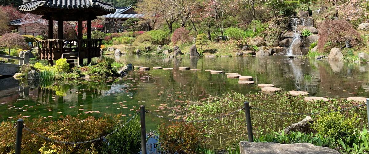 A traditional Japanese garden with a pagoda, koi pond, and waterfall.