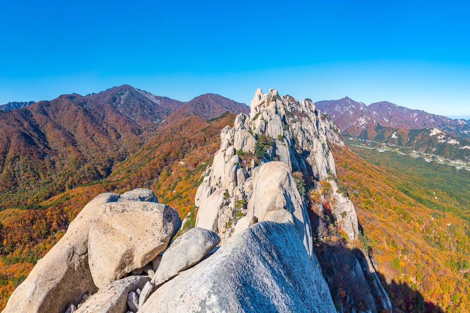 A mountain range with autumn foliage and a clear view of a valley below.