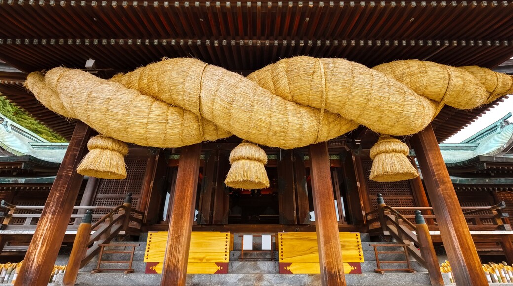 Fukuoka, Japan - Nov 21 2022: Miyajidake Shrine is primarily dedicated to Empress Jingu, home to five-ton sacred straw rope and attracts over 2 million worshippers a year