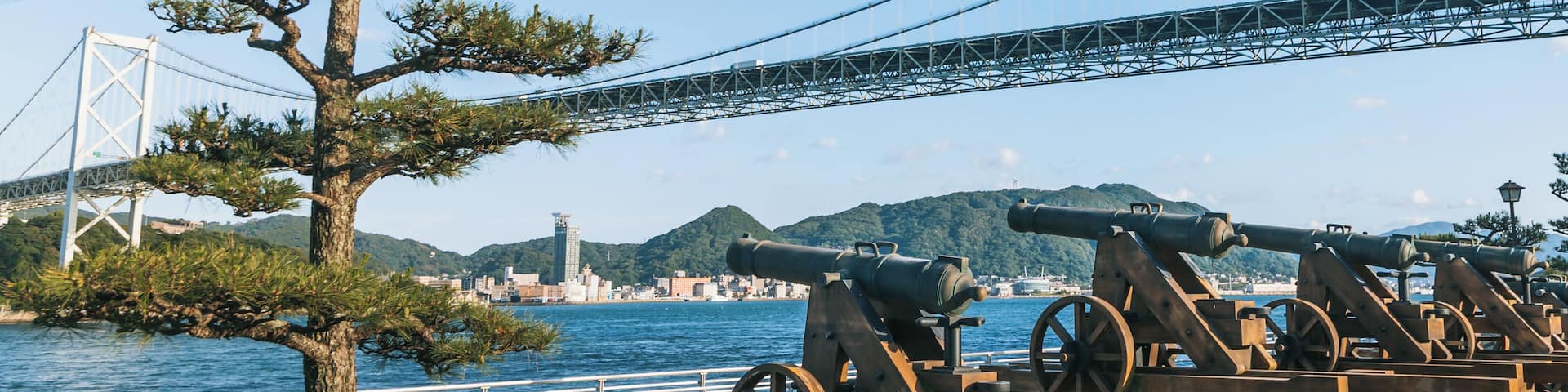 A coastal city with a bridge, cannons, and a tree.