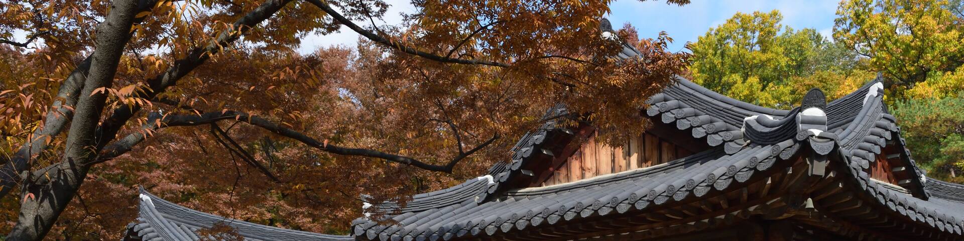 A traditional Japanese building with tiled roofs and wooden structures.