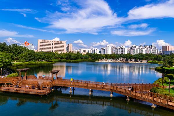 Overhead, southern view of Ilsan Lake in Goyang, South Korea.