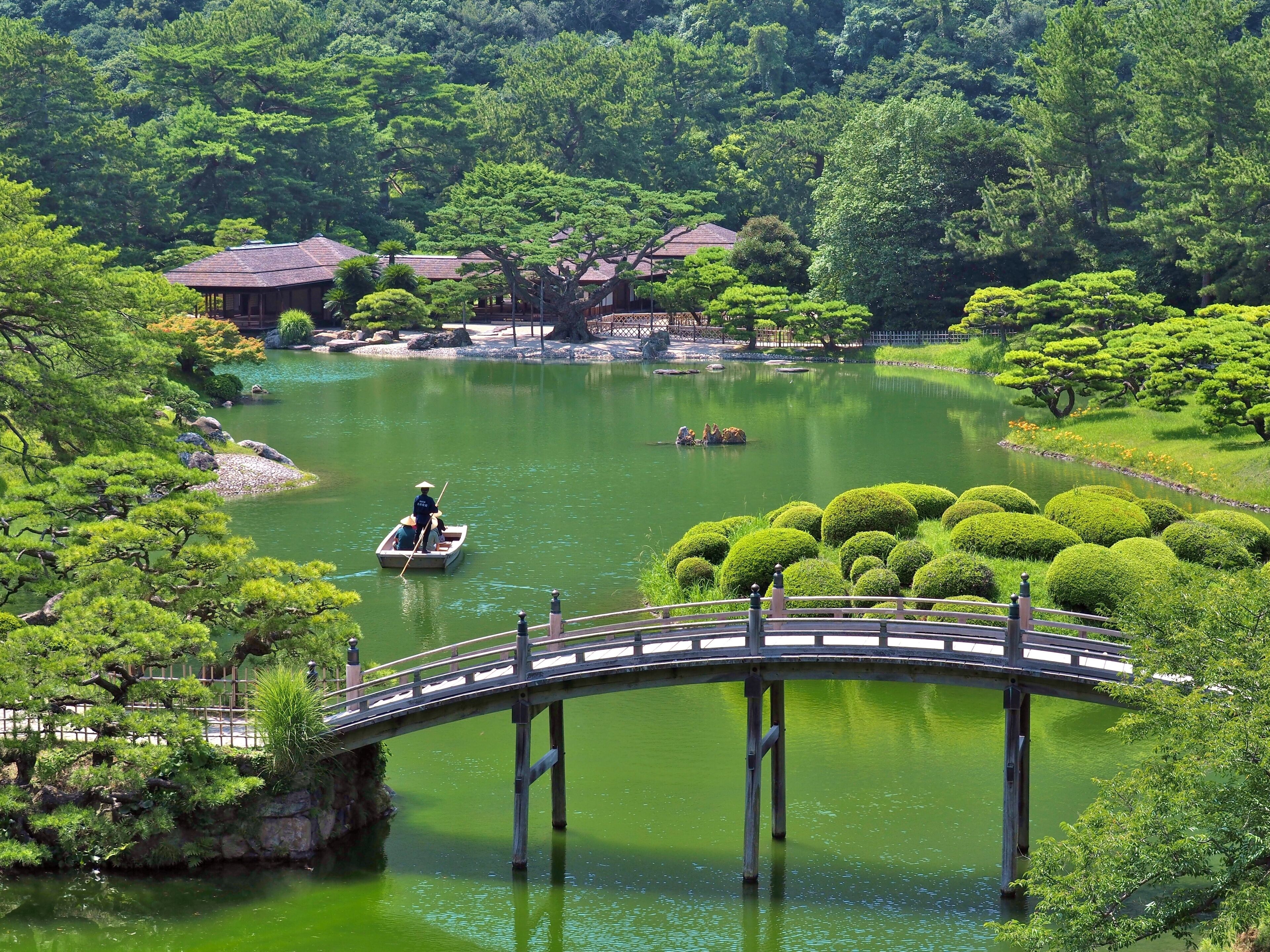 A view from a hill in Ritsurin Garden in Takamatsu city, Kagawa Prefecture, Japan. Ritsurin Garden is one of the most famous historical gardens in Japan.