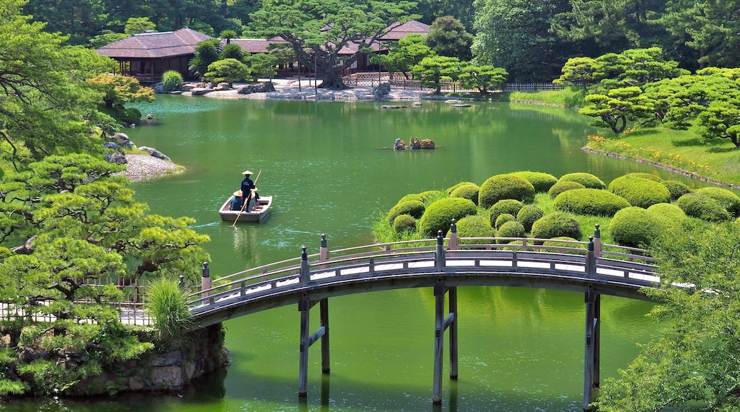 A view from a hill in Ritsurin Garden in Takamatsu city, Kagawa Prefecture, Japan. Ritsurin Garden is one of the most famous historical gardens in Japan.