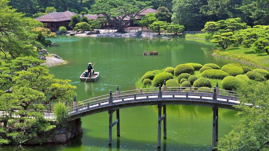 A view from a hill in Ritsurin Garden in Takamatsu city, Kagawa Prefecture, Japan. Ritsurin Garden is one of the most famous historical gardens in Japan.