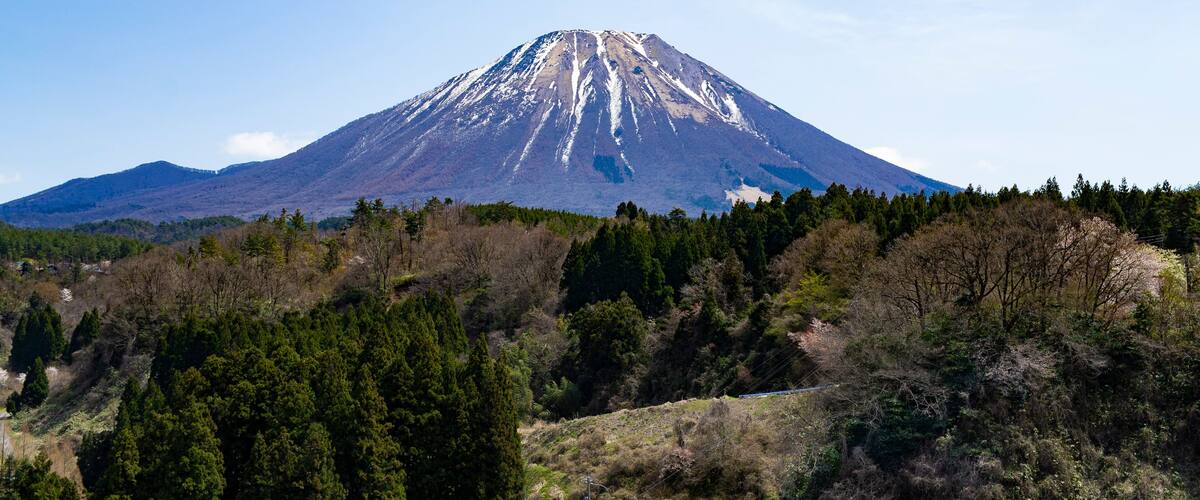 A mountain with a snow-capped peak, surrounded by dense forest and a clear sky.