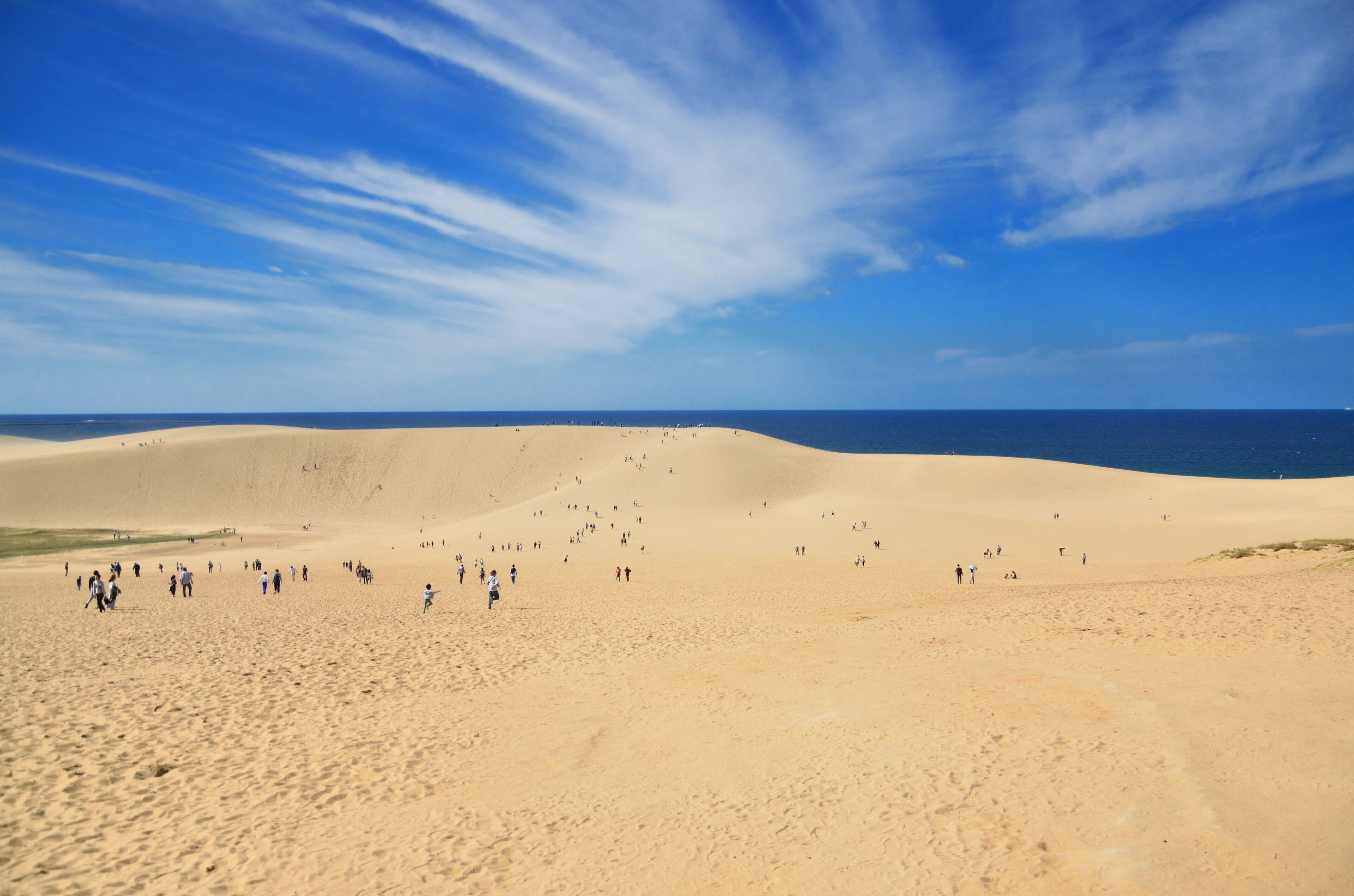 A vast desert landscape with sand dunes and a clear blue sky.