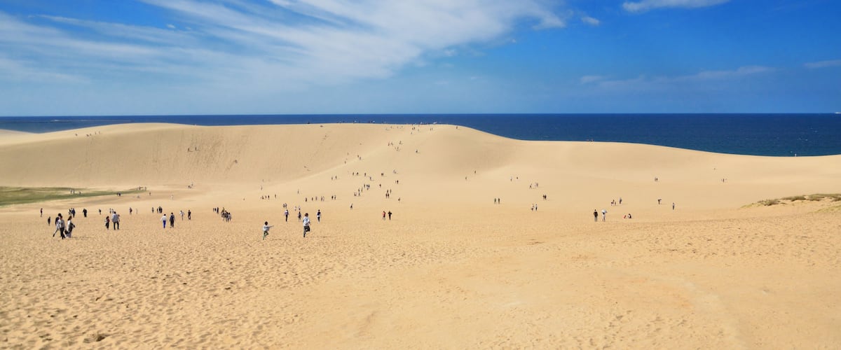 A vast desert landscape with sand dunes and a clear blue sky.