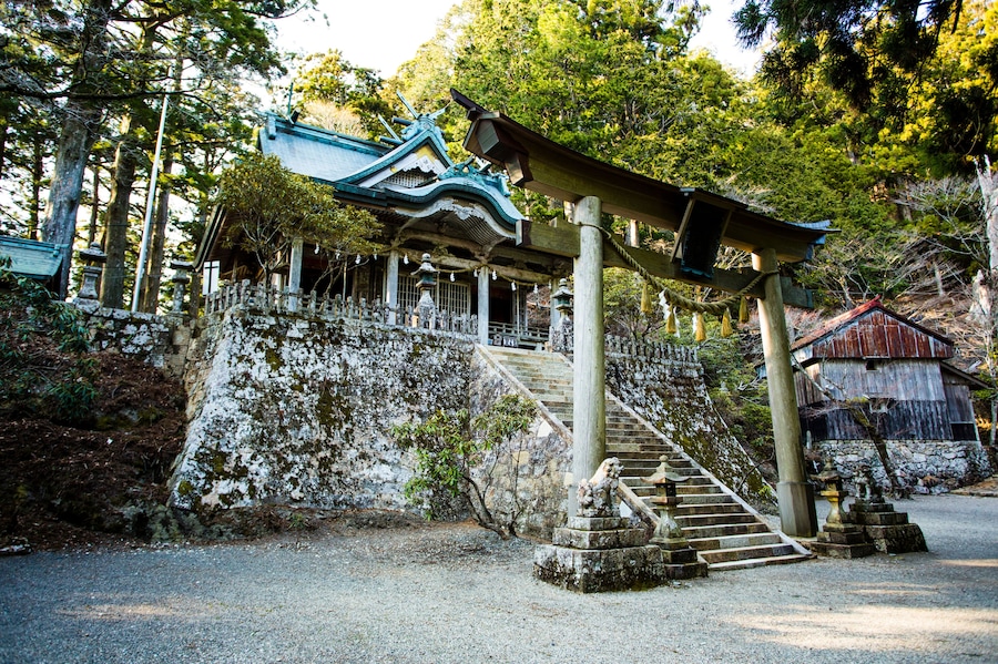Un templo japonés tradicional con una escalera que conduce a un santuario, rodeado de árboles y estructuras de piedra.