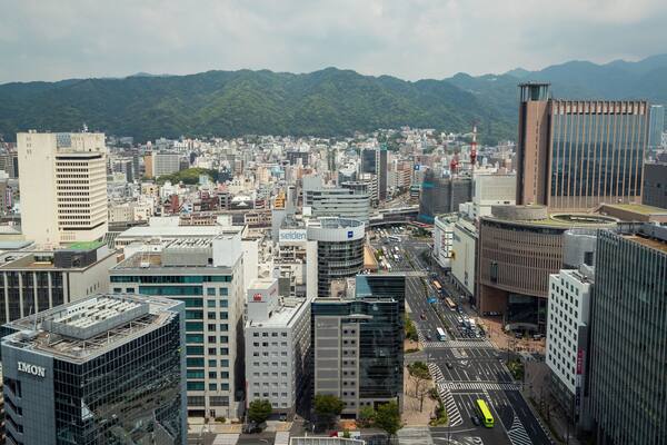 Kobe City Hall showing landscape views and a city