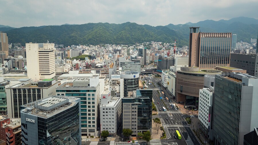 Kobe City Hall showing landscape views and a city