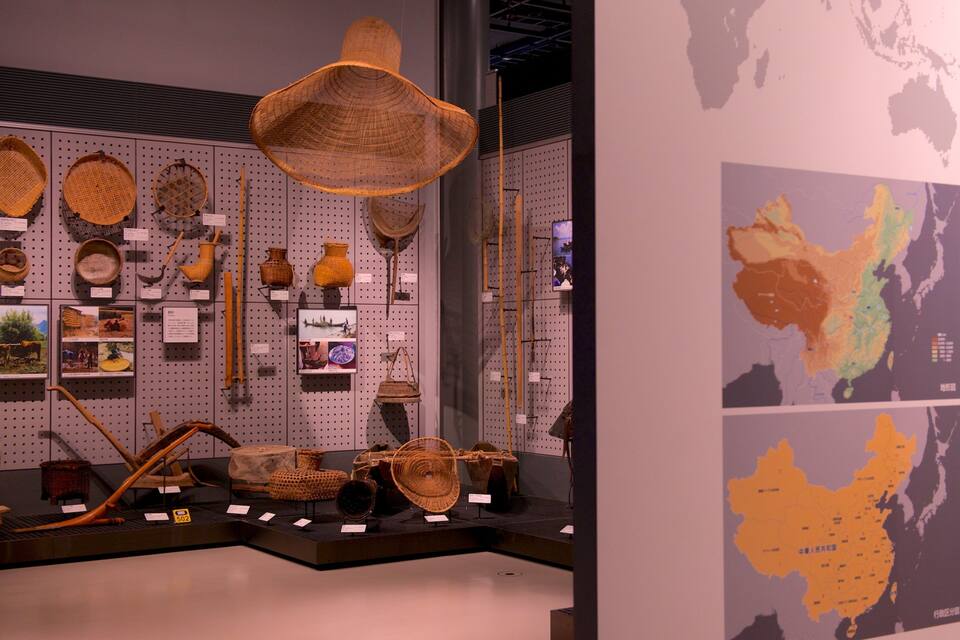 A museum exhibit with various traditional baskets and woven items displayed on shelves and stands.