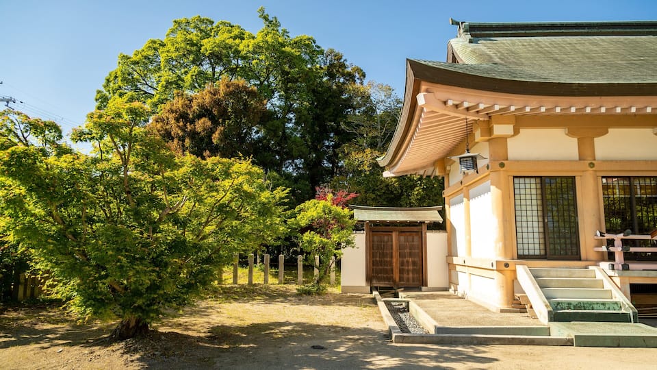 Um edifício tradicional japonês com telhado ladrilhado, cercado por vegetação exuberante e árvores.