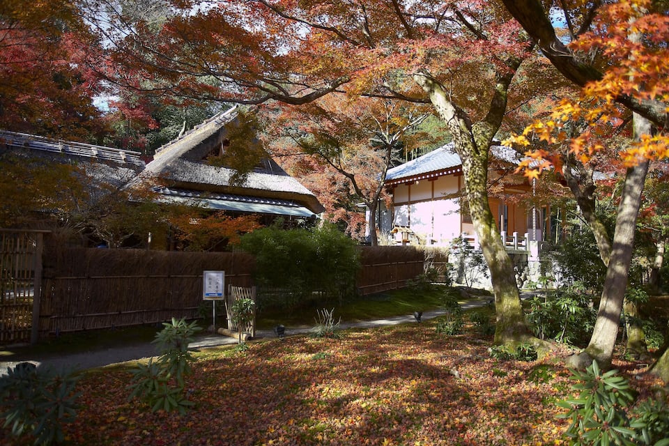 A traditional Japanese garden with a stone bridge, autumn foliage, and a wooden building.