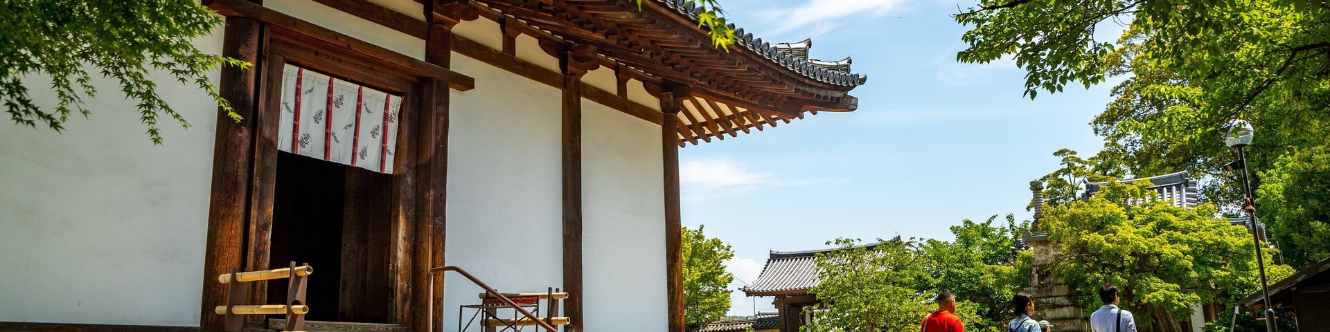 Shinyakushiji Temple showing a temple or place of worship and heritage elements as well as a small group of people