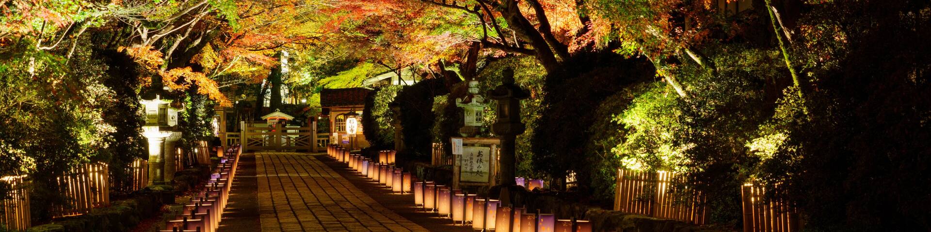 紅葉した石山寺のライトアップ
