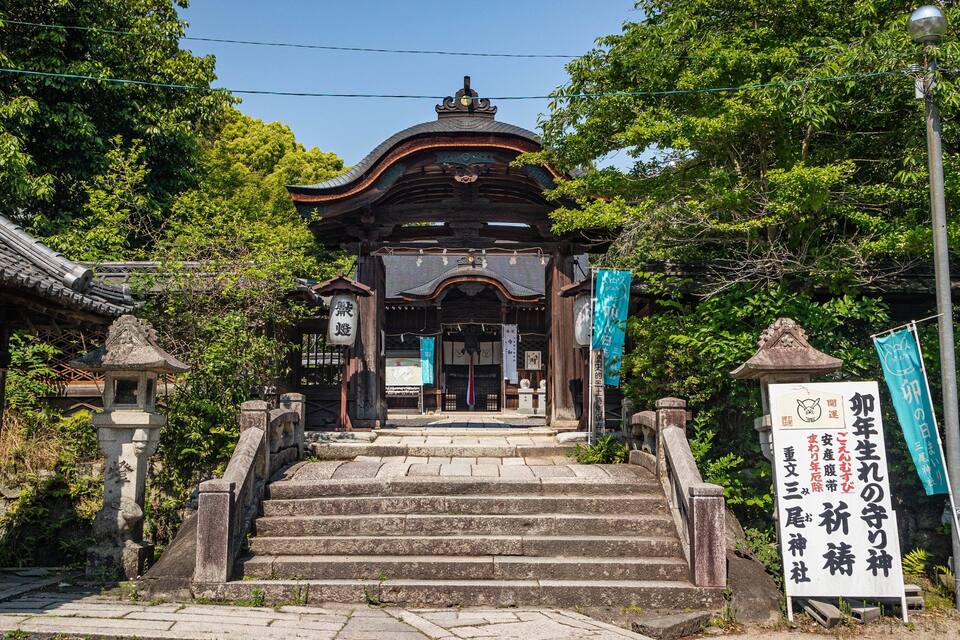 Entrada tradicional de un templo japonés, con un portón de madera, escalones de piedra e insignias.