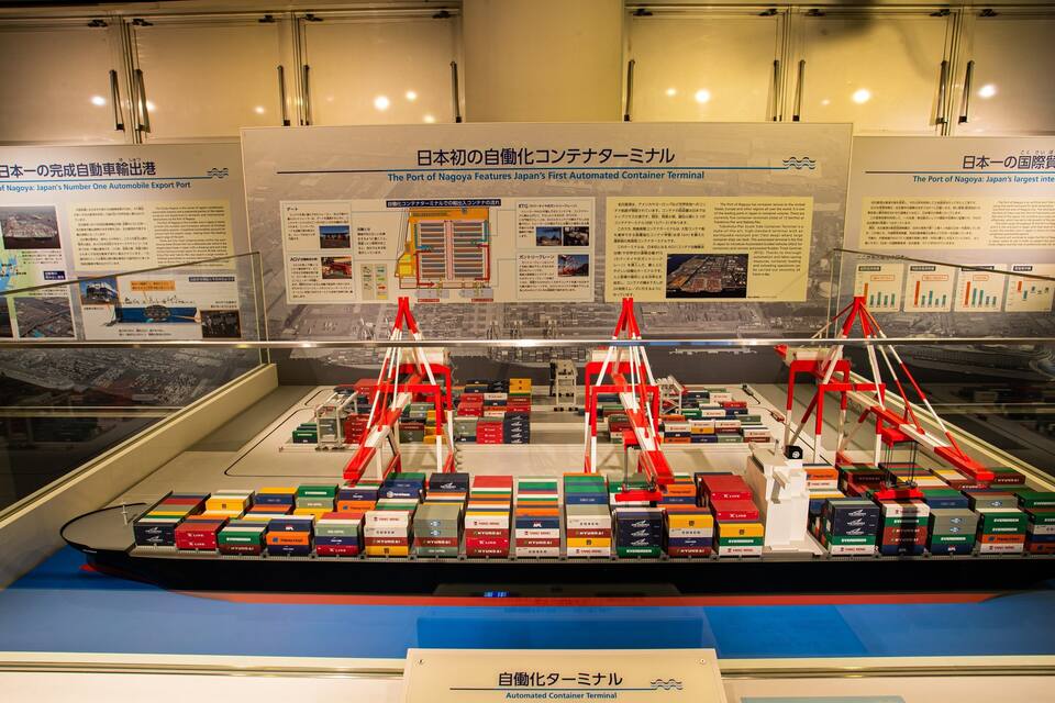 Een tentoonstelling van een geautomatiseerde containerterminal met diverse scheepvaartcontainers en kranen.