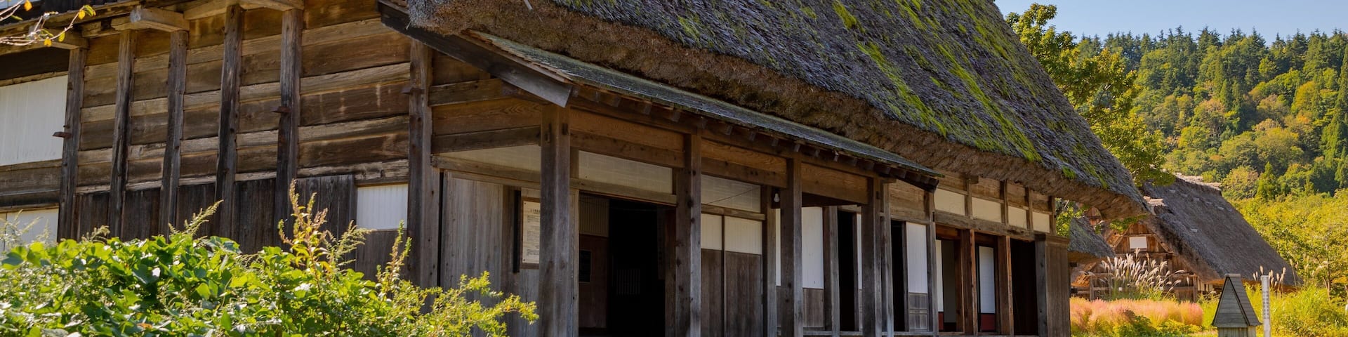 A traditional wooden house with a thatched roof and a stone pathway leading to it.