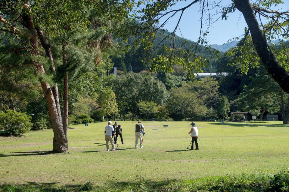 Een groep mensen speelt golf op een zonnige dag in een park, met bomen en een berg op de achtergrond.