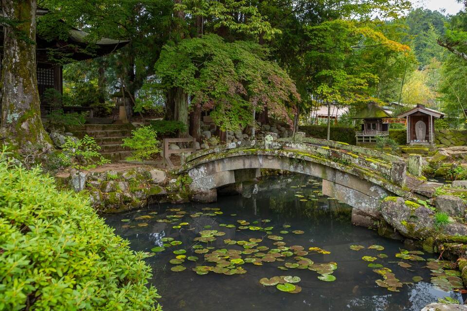 A stone bridge over a pond with lily pads, surrounded by lush greenery and traditional wooden structures.