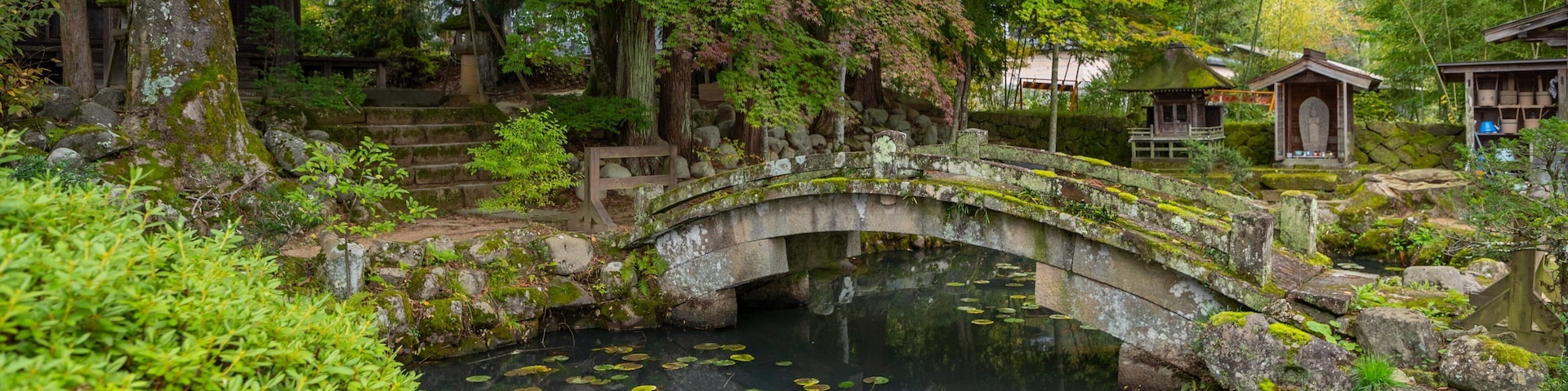 Higashiyama Walking Course which includes a bridge, a park and a pond