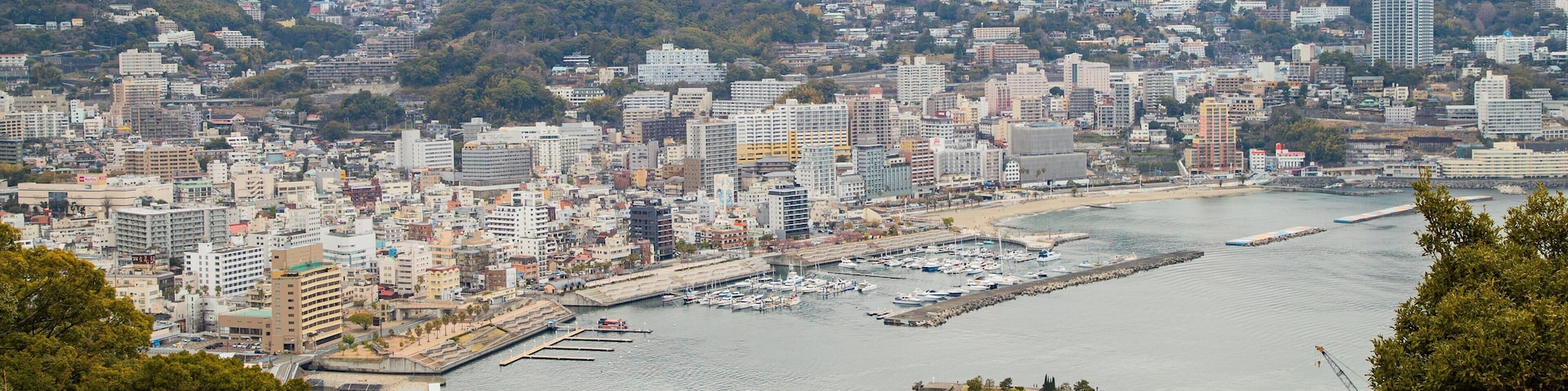 Atami Castle featuring a bay or harbor, landscape views and a city