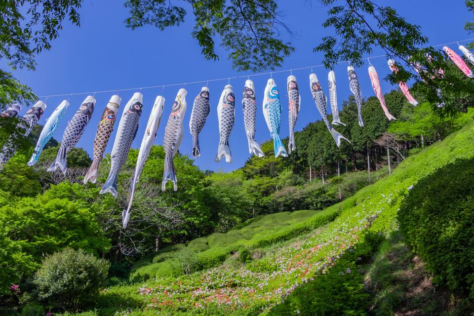 Une guirlande de décorations colorées en forme de poissons, suspendues à un fil métallique, sur fond de végétation luxuriante et de ciel bleu clair.