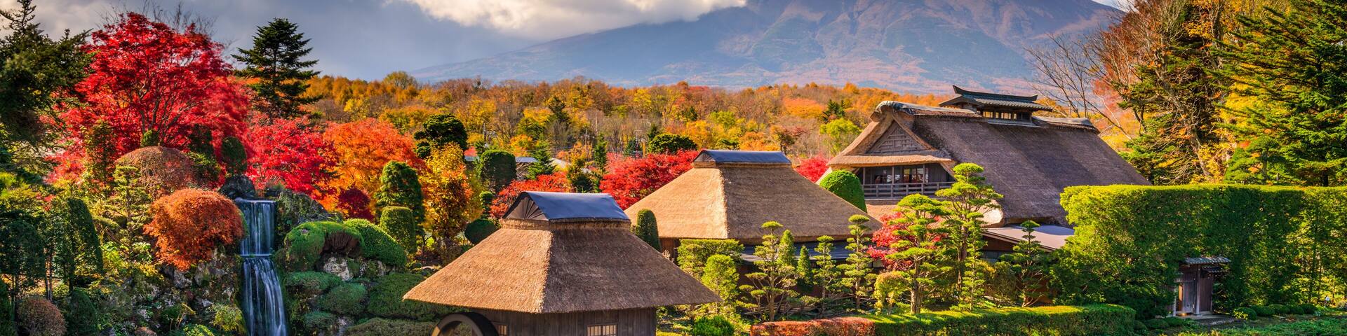 Mt. Fuji and Traditional Village in Oshinohakkai, Japan.