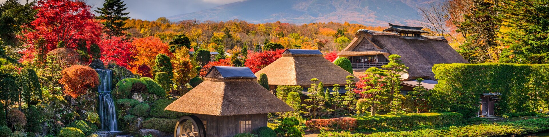 Mt. Fuji and Traditional Village in Oshinohakkai, Japan.