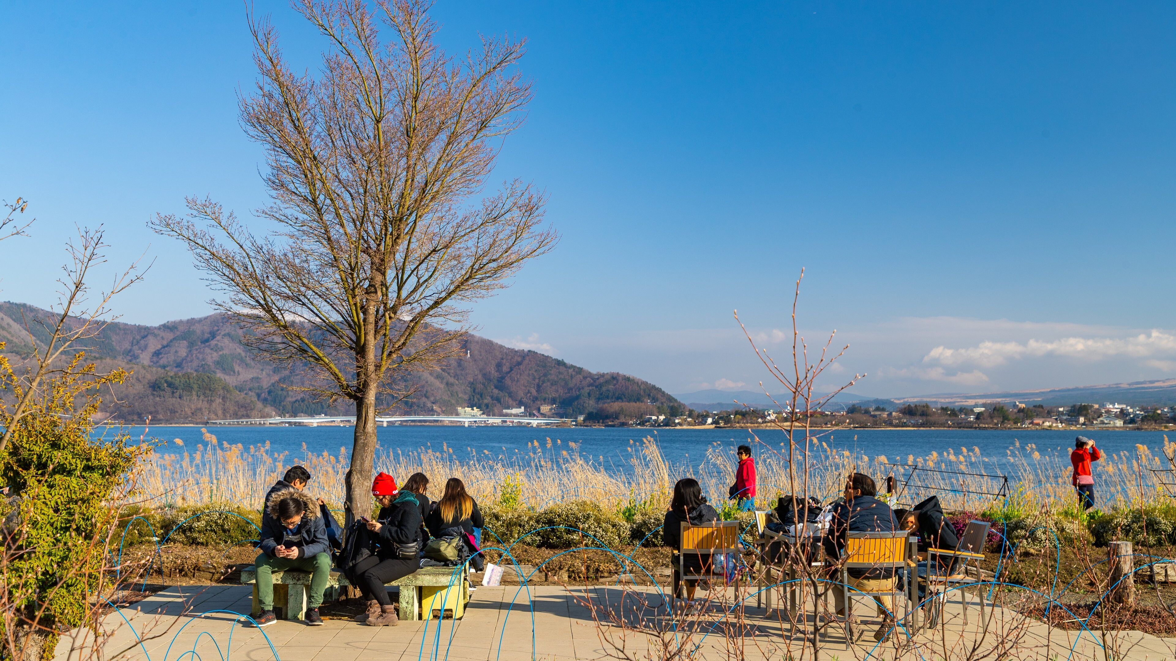 Kawaguchiko Natural Living Center showing a garden and a lake or waterhole as well as a small group of people