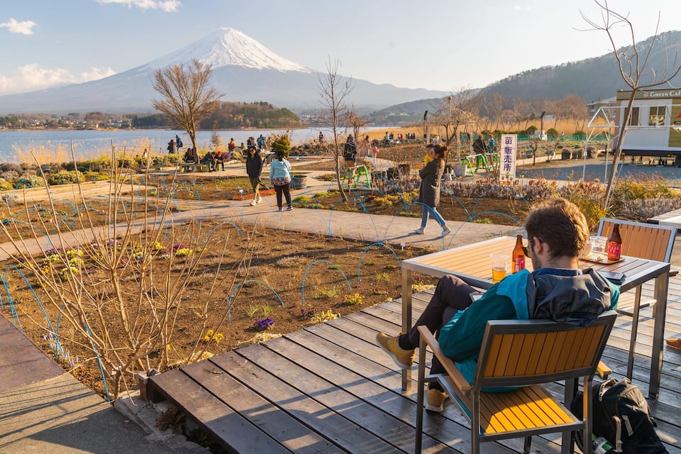 A park with a view of a snow-capped mountain, a lake, and people walking and sitting on wooden benches.