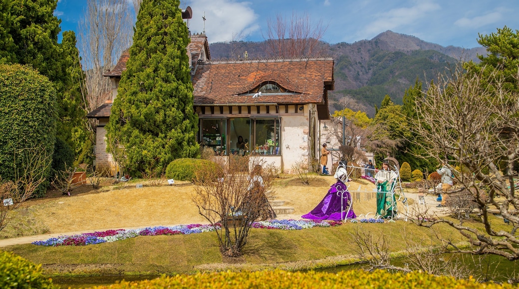 Kawaguchiko Music Forest Museum showing a house and a park as well as a small group of people