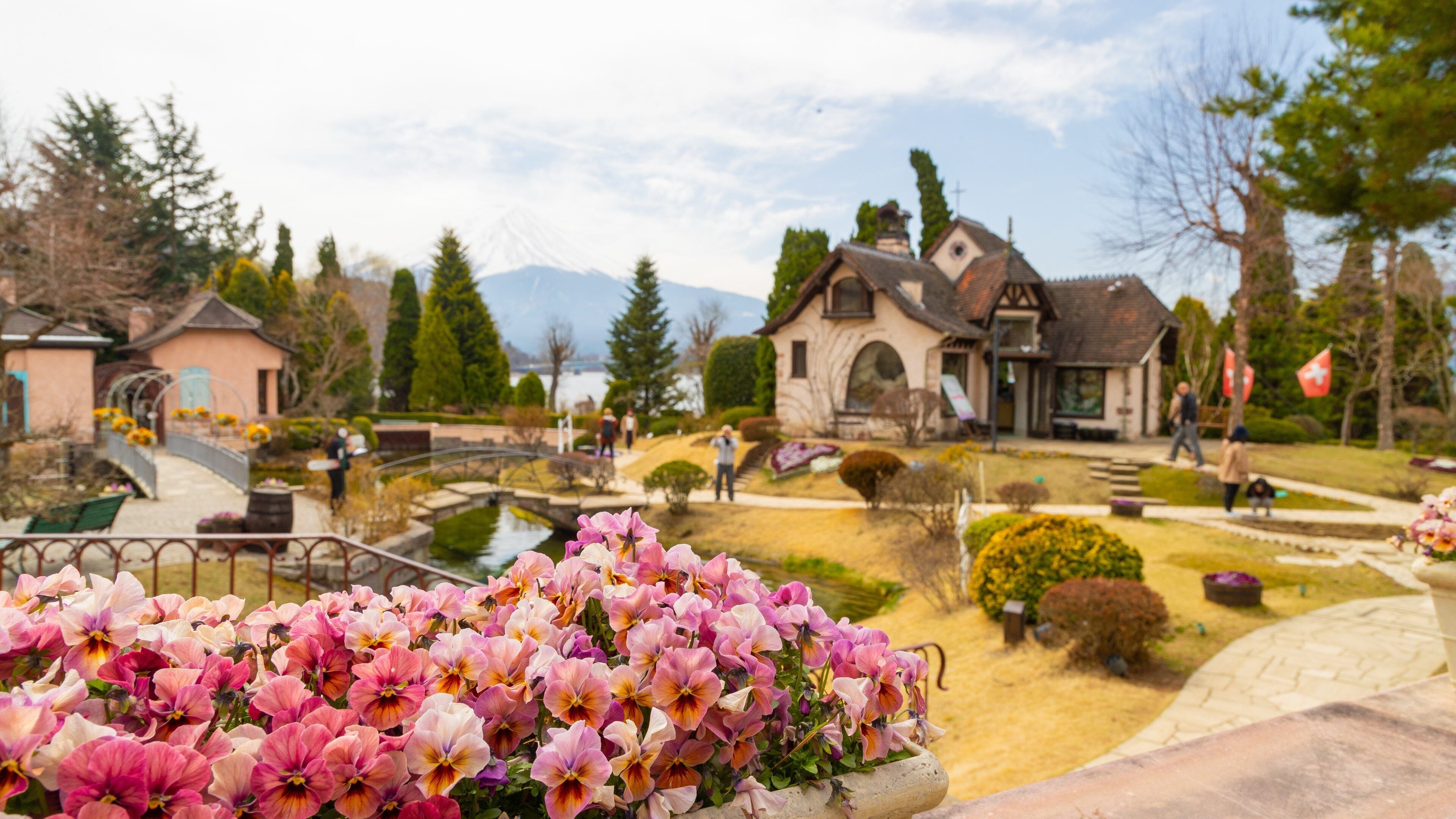 Kawaguchiko Music Forest Museum featuring flowers and a small town or village