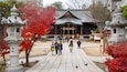 Un templo japonés tradicional con hojas rojas de otoño, faroles de piedra y gente caminando en el patio.