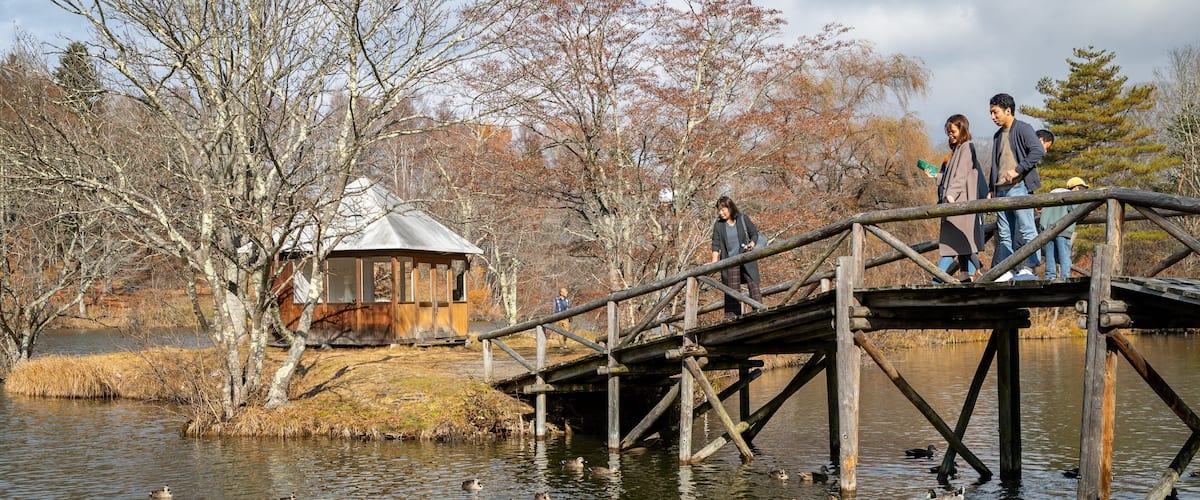 Karuizawa Taliesin which includes a pond, bird life and a bridge
