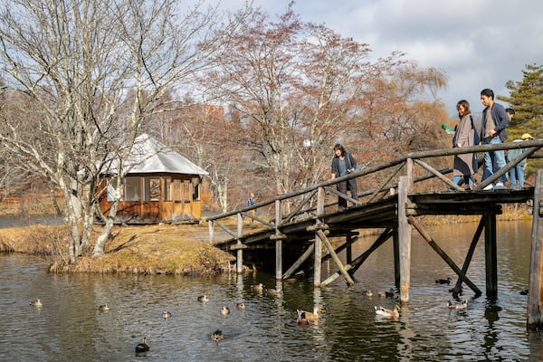 Karuizawa Taliesin which includes a pond, bird life and a bridge