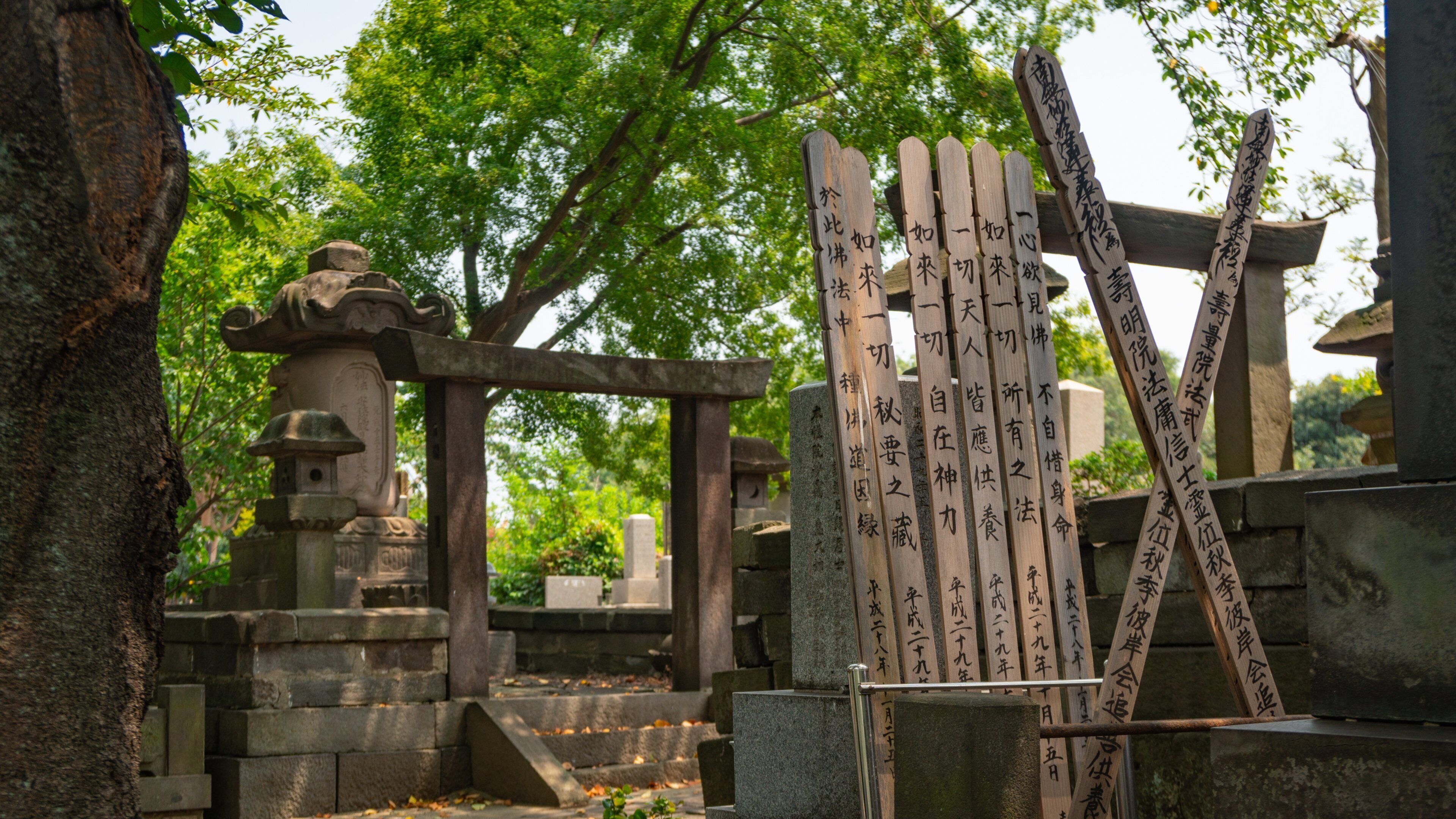 Ikegami Honmonji Temple showing a garden and signage