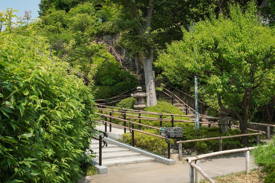 A stone staircase surrounded by lush greenery and a traditional Japanese stone lantern.