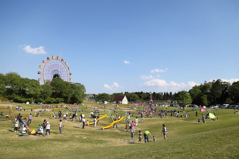 En park med et pariserhjul, legepladser og picnicområder.