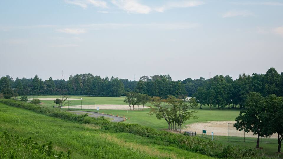 A golf course with a well-maintained green, sand bunkers, and a clear sky.