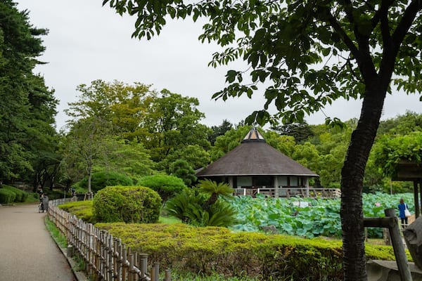 Un pavillon de style japonais traditionnel, entouré d’une végétation luxuriante et bordé d’un sentier de pierres.