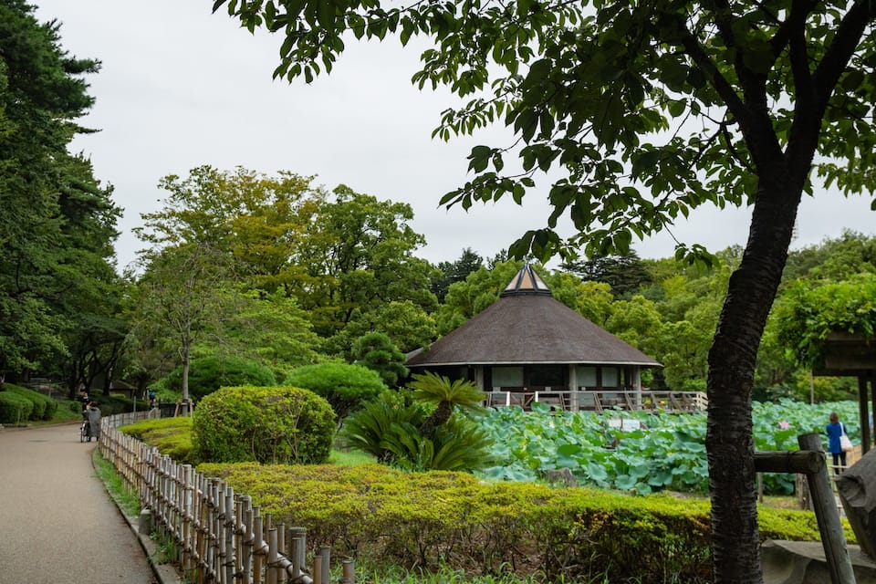 A traditional Japanese-style pavilion surrounded by lush greenery and a stone pathway.